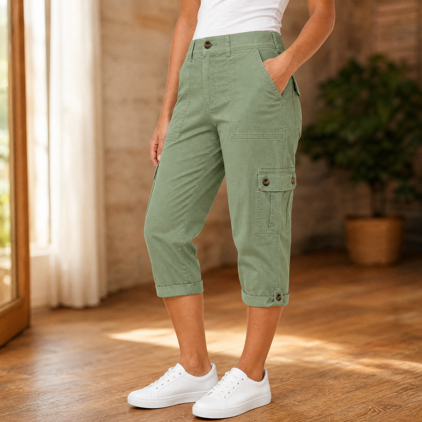 Comfortable Stretch Capri with Pockets — View 2 | Clova