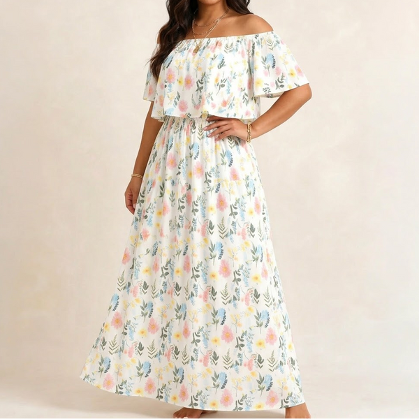 Off-Shoulder Floral Maxi Dress with Hidden Pockets