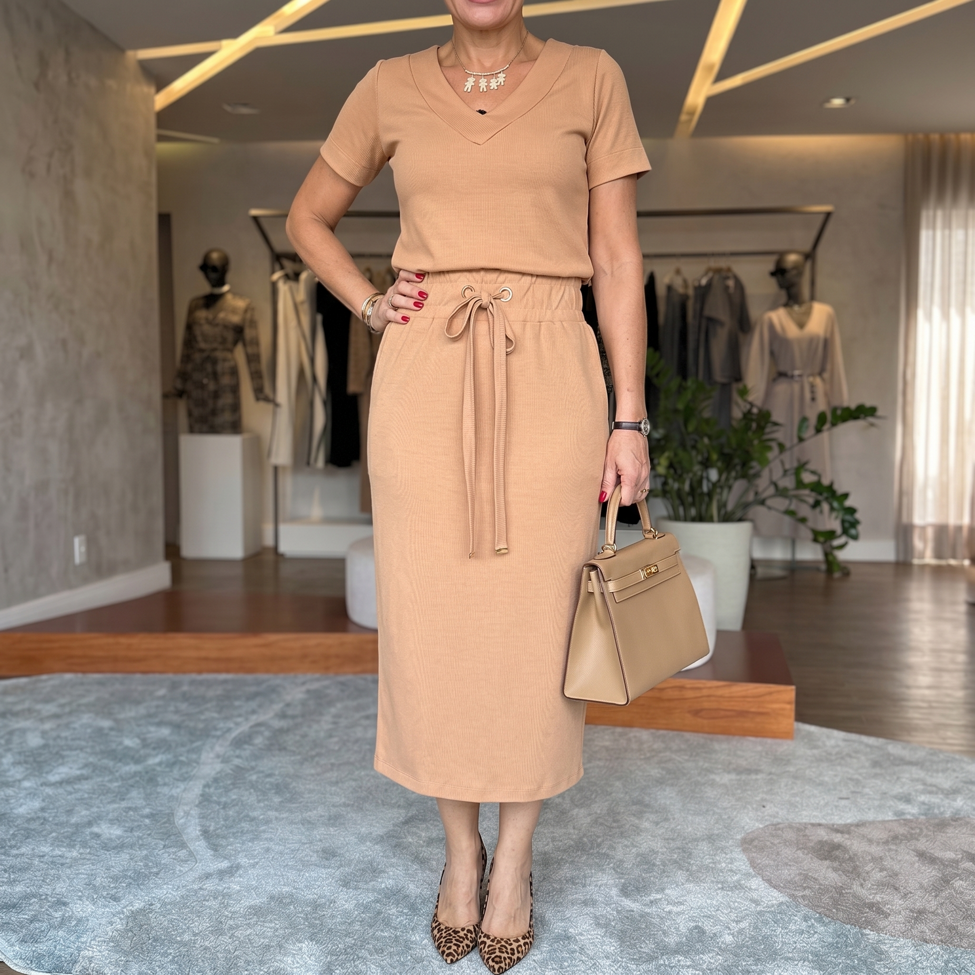 Ribbed V-Neck Top and Midi Skirt Set | Clova Women's Fashion