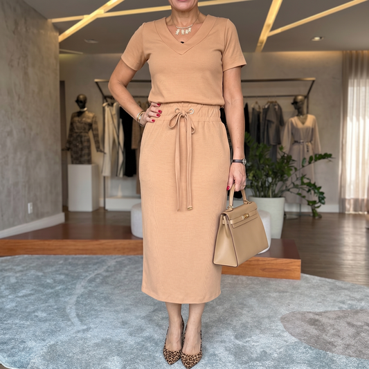 Ribbed V-Neck Top and Midi Skirt Set | Clova Women's Fashion