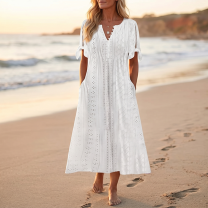 Eyelet Midi Dress with Tie-Bow Sleeves | Clova Women's Fashion