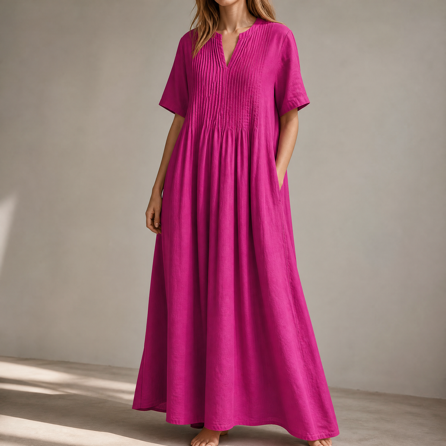 Pin-Tuck Cotton Maxi Dress with Pockets | Clova Women's Fashion