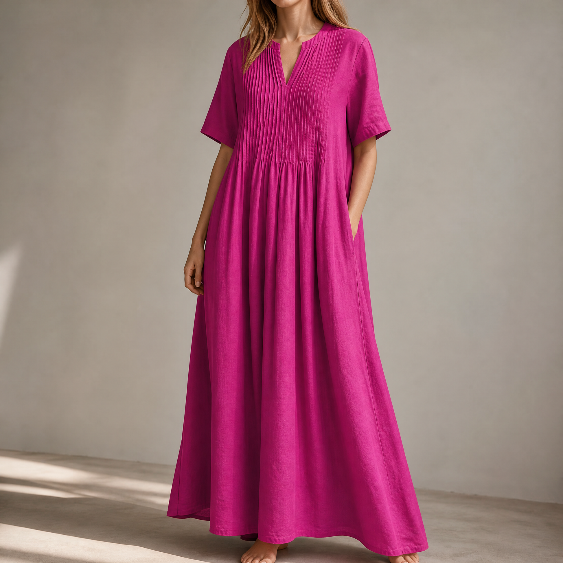 Pin-Tuck Cotton Maxi Dress with Pockets | Clova Women's Fashion