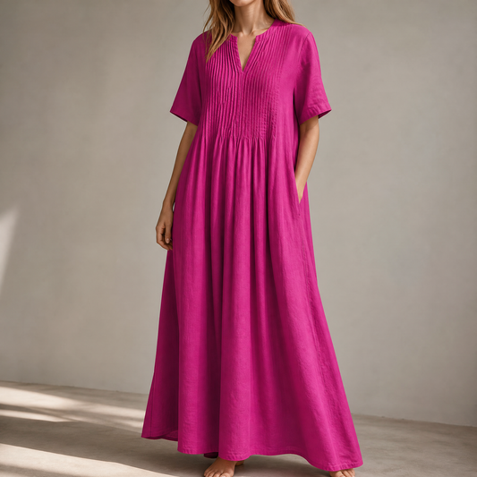 Pin-Tuck Cotton Maxi Dress with Pockets | Clova Women's Fashion