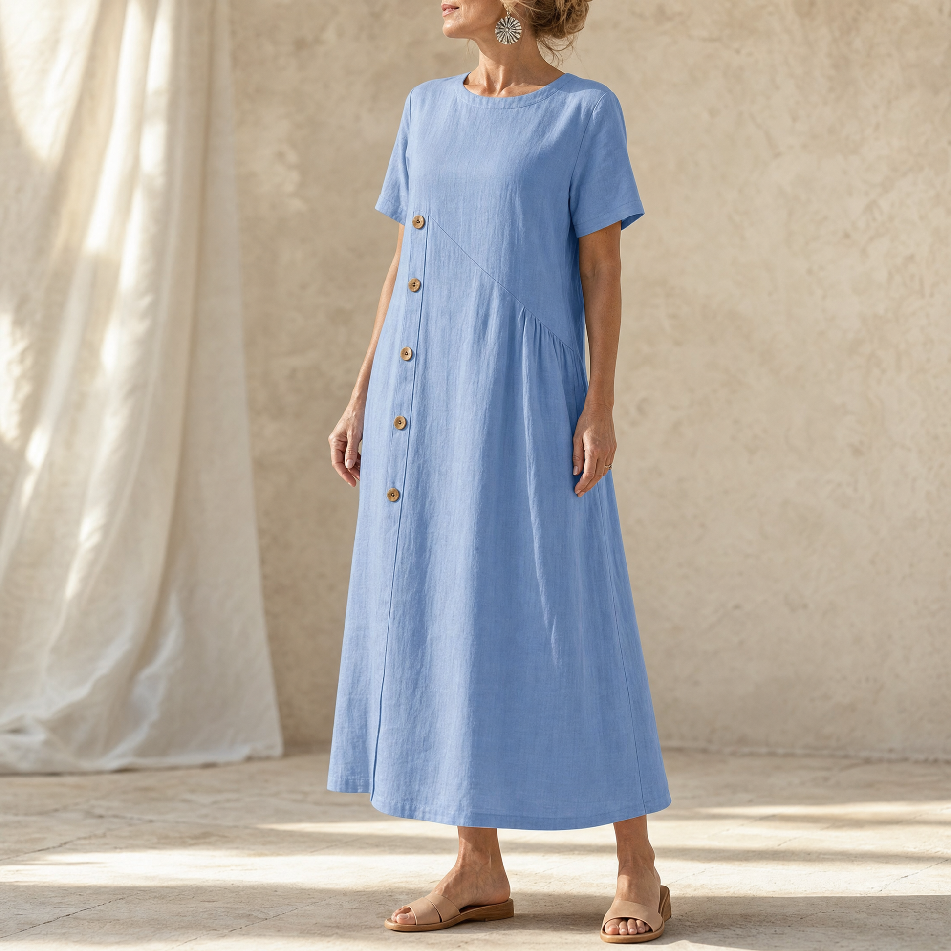 Cotton-Linen Asymmetric Button Midi Dress — View 3 | Clova