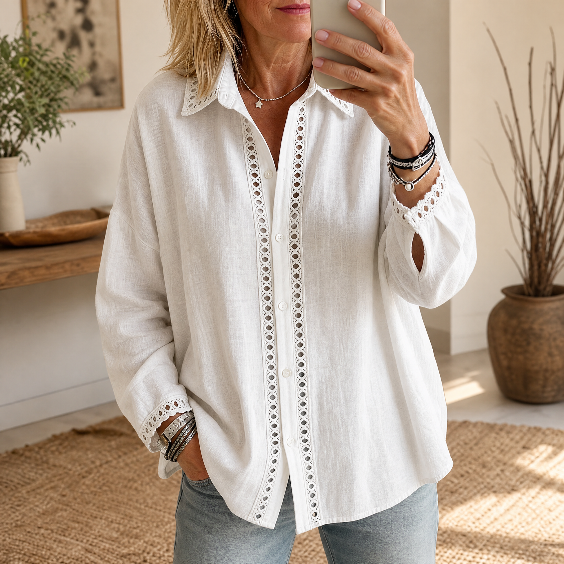 Lunavia Eyelet Trim Button Down Blouse | Clova Women's Fashion
