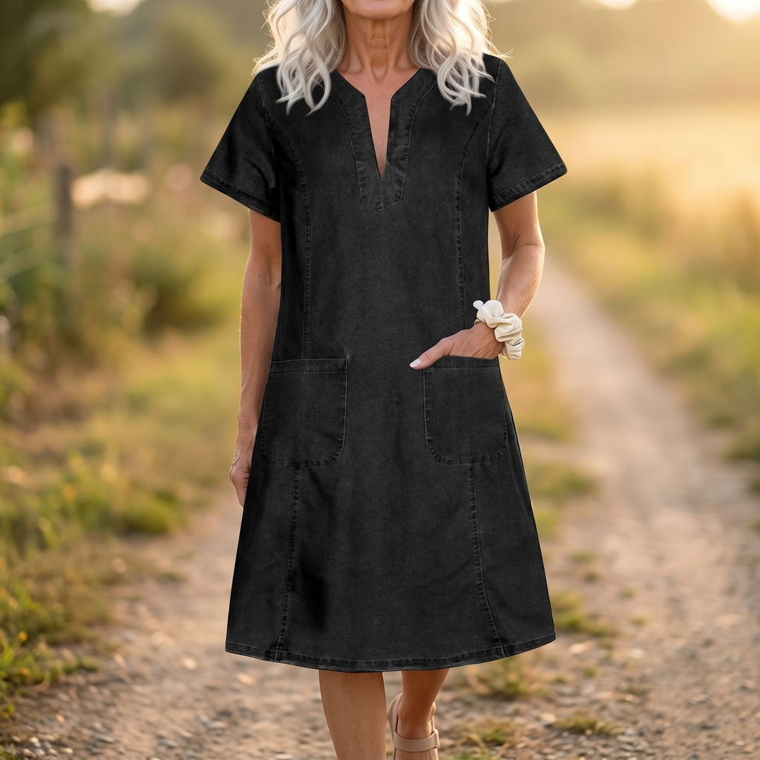 V-Neck Denim Dress with Pockets | Clova Women's Fashion