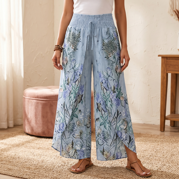 Boho Floral Wide-Leg Pants with Split Front | Clova Women&