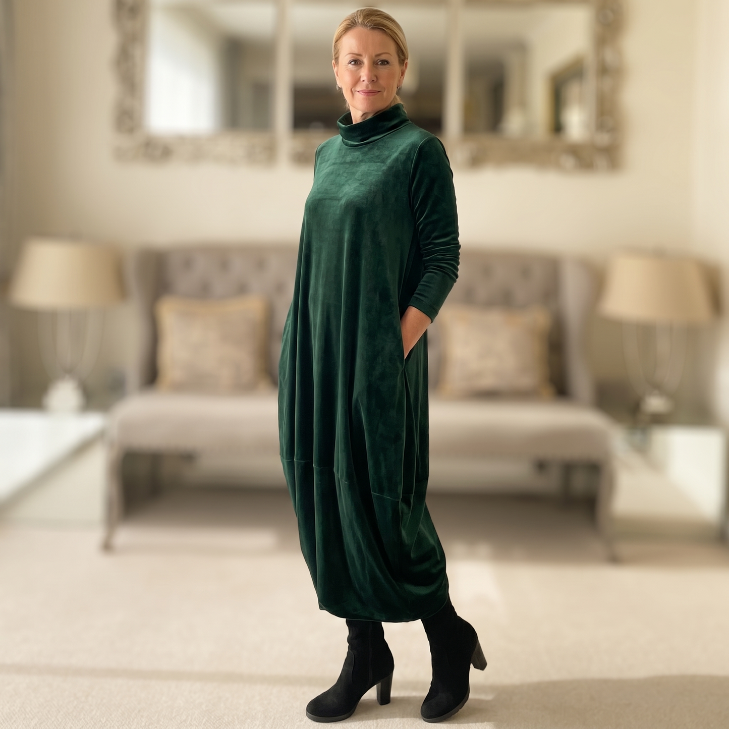 Velvet Cocoon Midi Dress with Hidden Pockets — View 2 | Clova