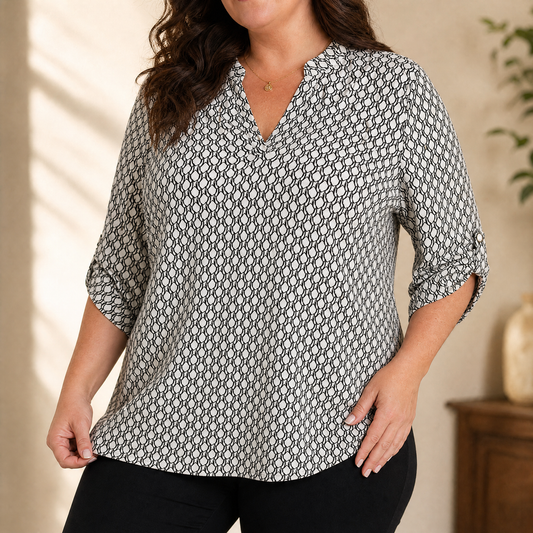 Lunavia Geometric V-Neck Blouse with Roll-Tab Sleeves | Clova Women's Fashion