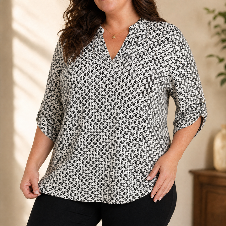 Lunavia Geometric V-Neck Blouse with Roll-Tab Sleeves | Clova Women&