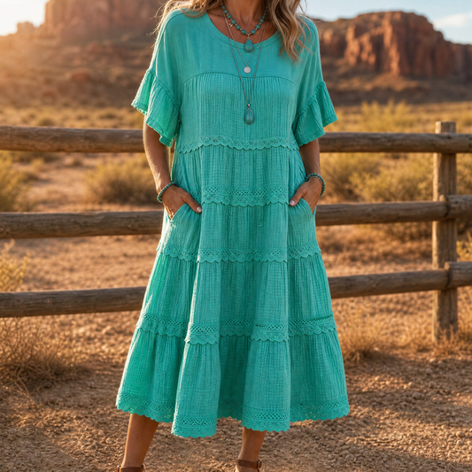 Sundara Tiered Lace Midi Dress with Hidden Pockets | Clova Women's Fashion