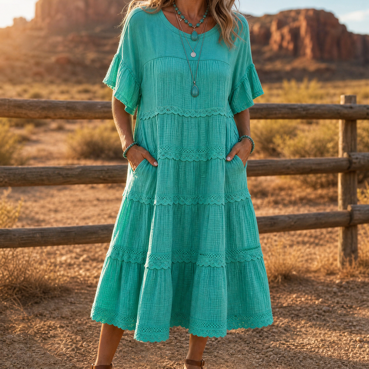 Sundara Tiered Lace Midi Dress with Hidden Pockets | Clova Women&