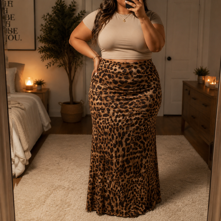 Curvy-Fit Leopard Print Maxi Skirt — View 2 | Clova