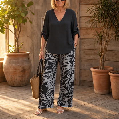 V-Neck Top & Leaf-Print Wide-Leg Pants Set | Clova Women's Fashion