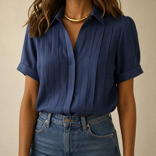 Pleated Short-Sleeve Blouse | Clova Women's Fashion