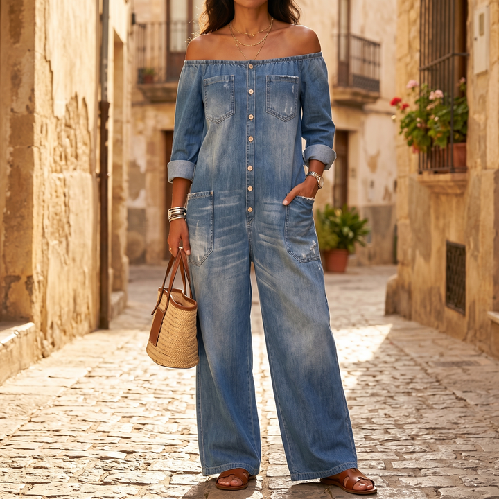 Soluna Off-Shoulder Wide Leg Denim Jumpsuit | Clova Women&