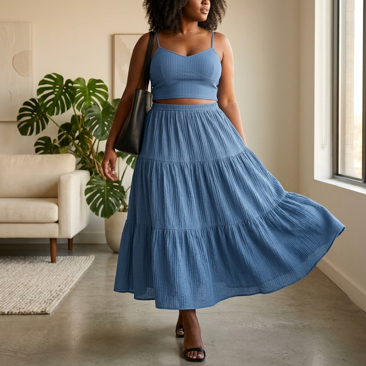 Solavie Tiered Maxi Skirt &amp; Cami Matching Set | Clova Women&