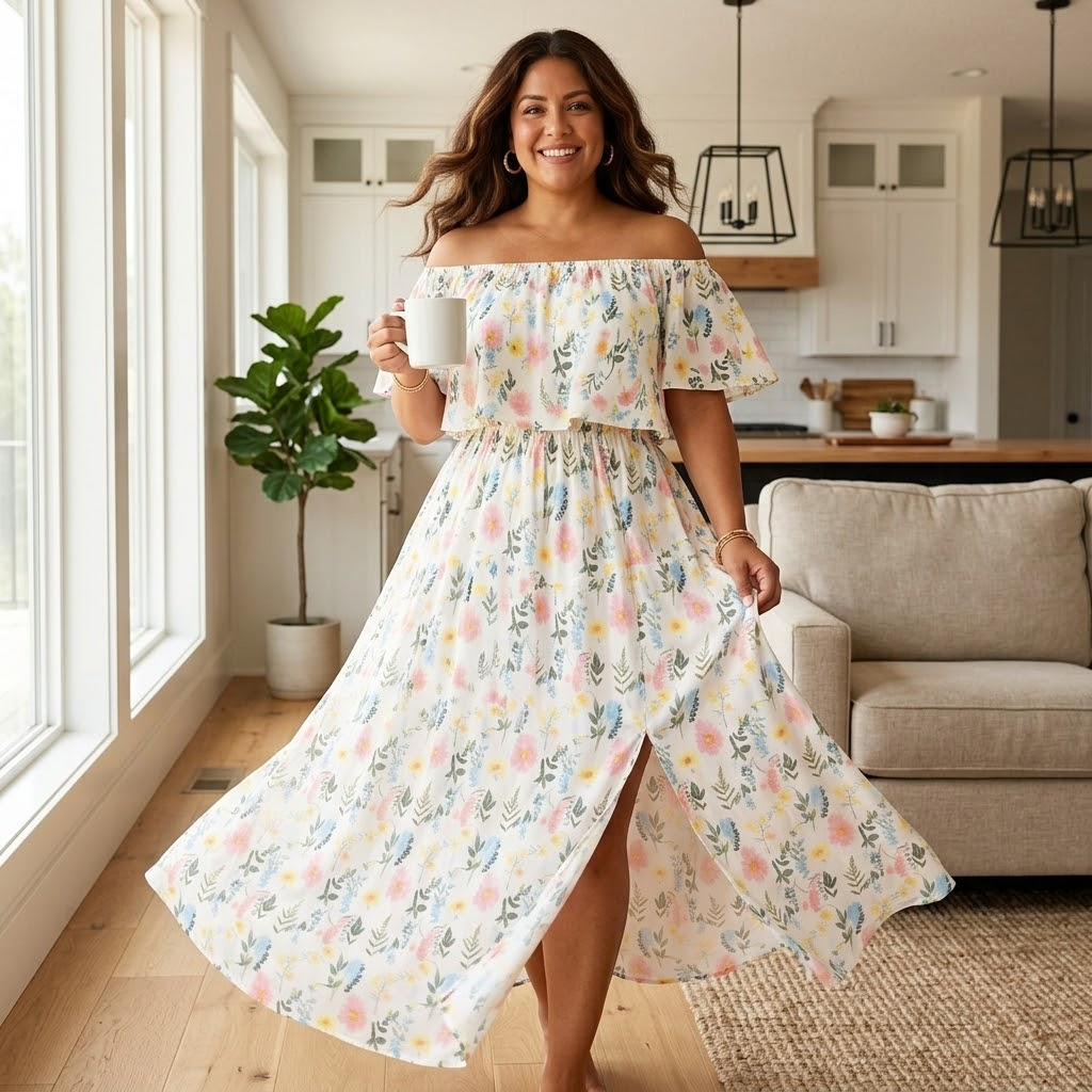 Off-Shoulder Floral Maxi Dress with Hidden Pockets — View 3 | Clova