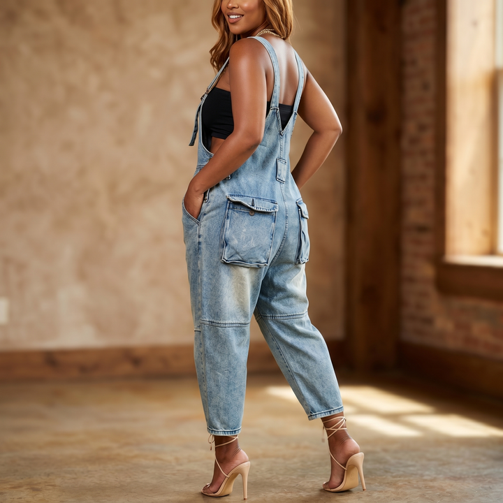 Button-Front Tapered Denim Overalls — View 2 | Clova