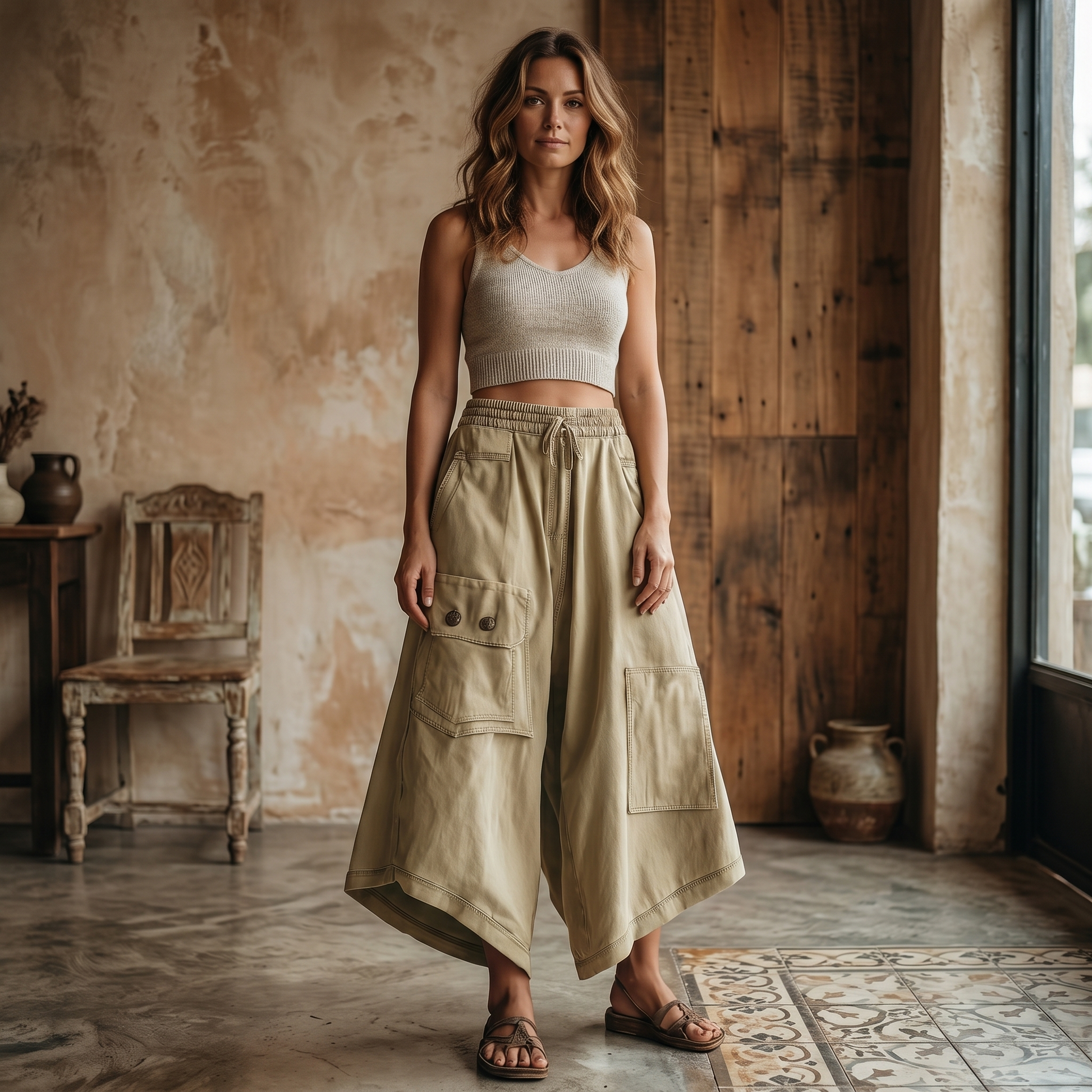 Wide-Leg Cargo Culottes with Asymmetric Hem — View 2 | Clova