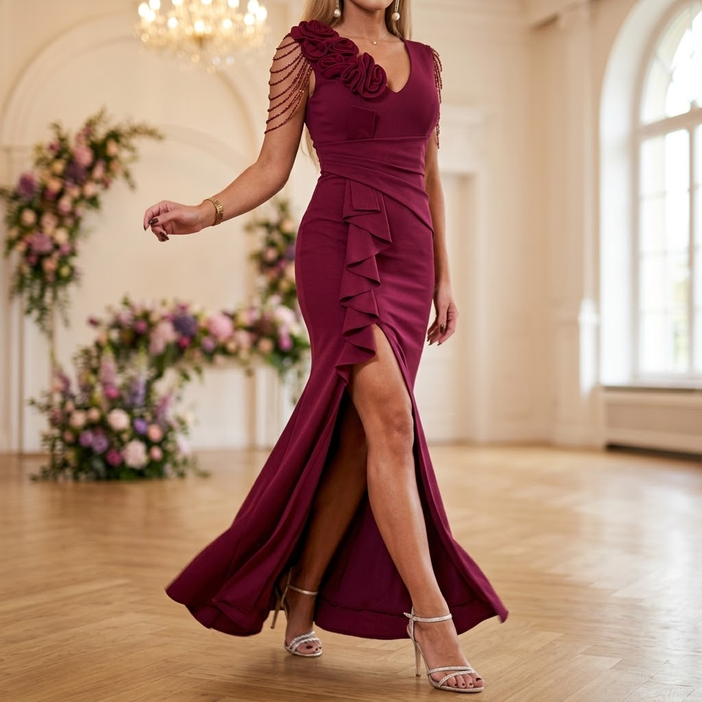 Rosette Shoulder Mermaid Evening Gown | Clova Women's Fashion