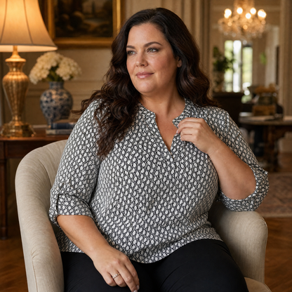 Lunavia Geometric V-Neck Blouse with Roll-Tab Sleeves — View 2 | Clova