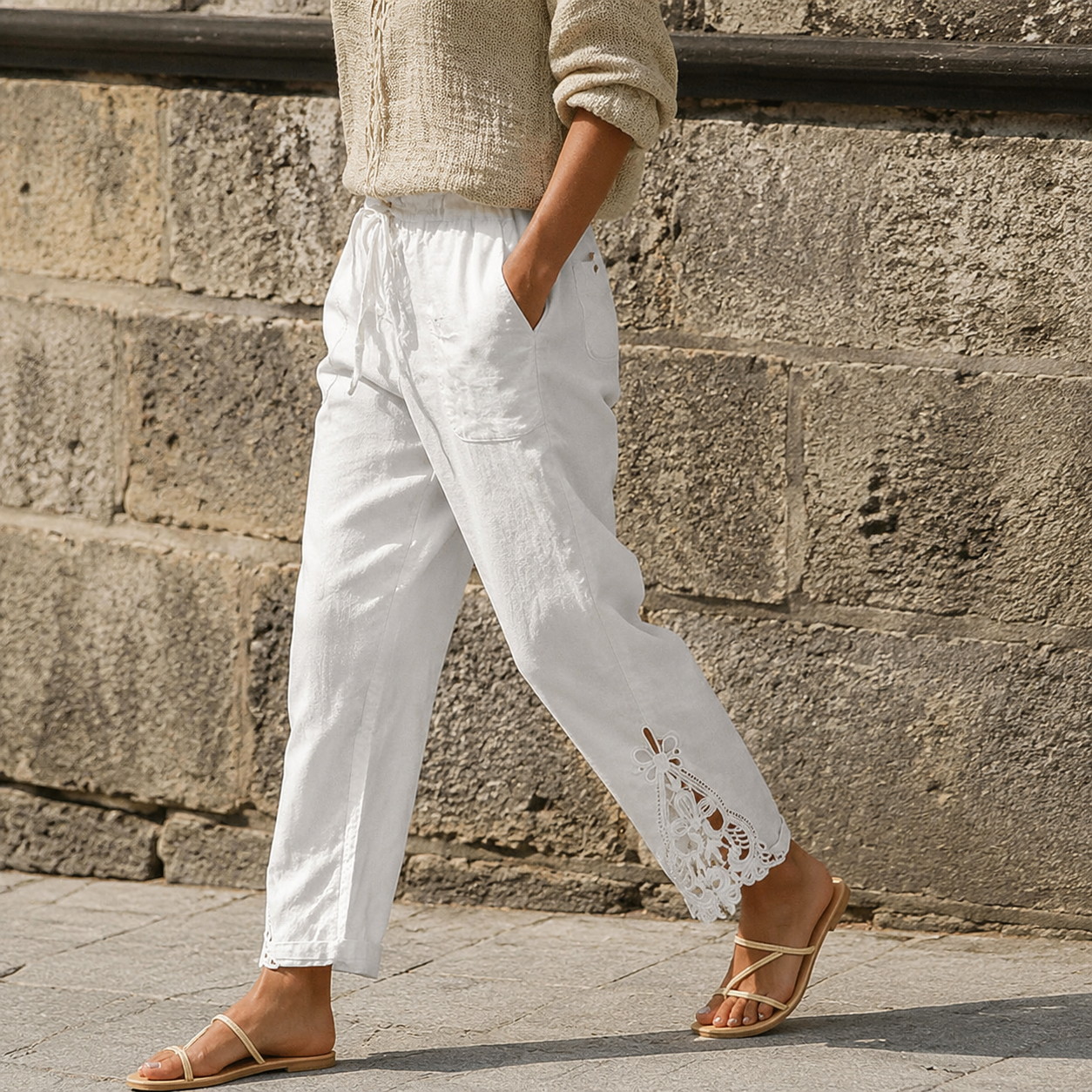 Lace Trim Drawstring Comfort Pants | Clova Women's Fashion