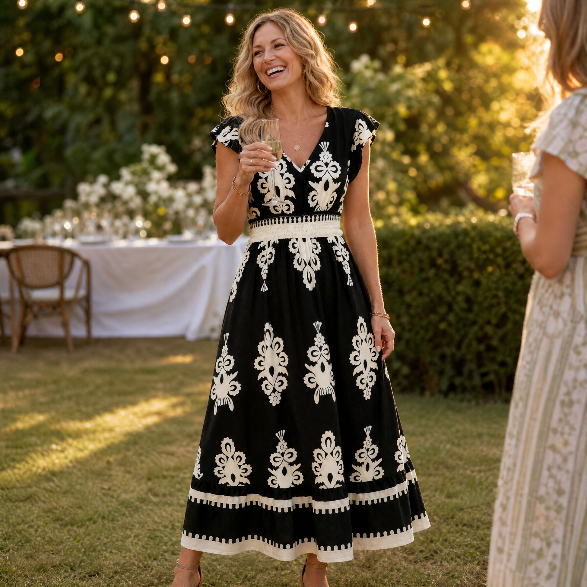 Damask Print Midi Dress with V-Neck — View 2 | Clova