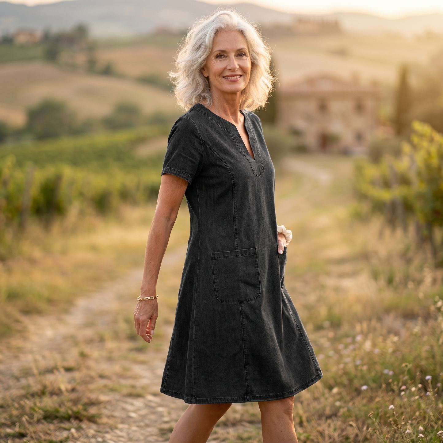 V-Neck Denim Dress with Pockets — View 2 | Clova