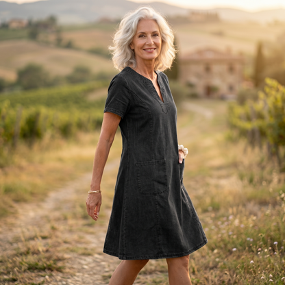 V-Neck Denim Dress with Pockets — View 2 | Clova