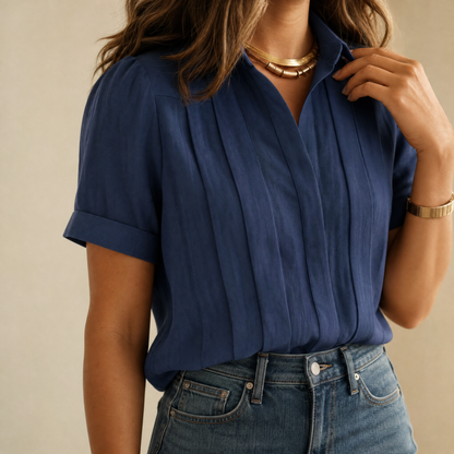 Pleated Short-Sleeve Blouse — View 2 | Clova