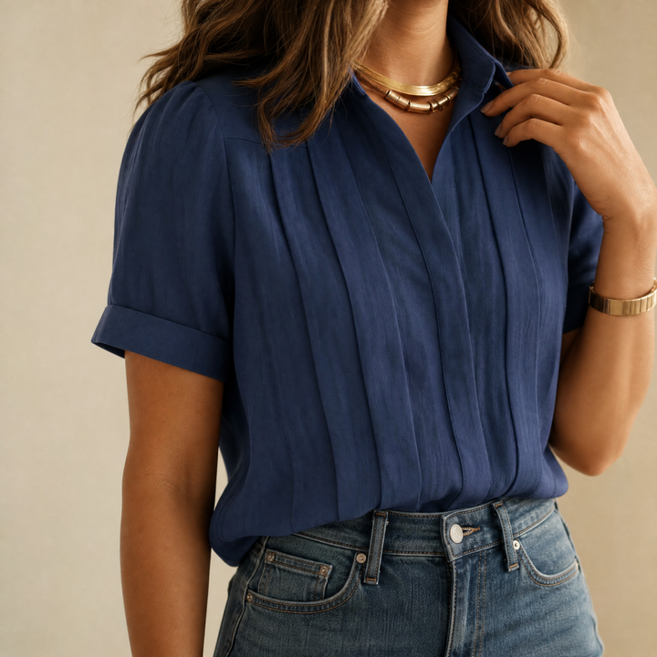 Pleated Short-Sleeve Blouse — View 2 | Clova