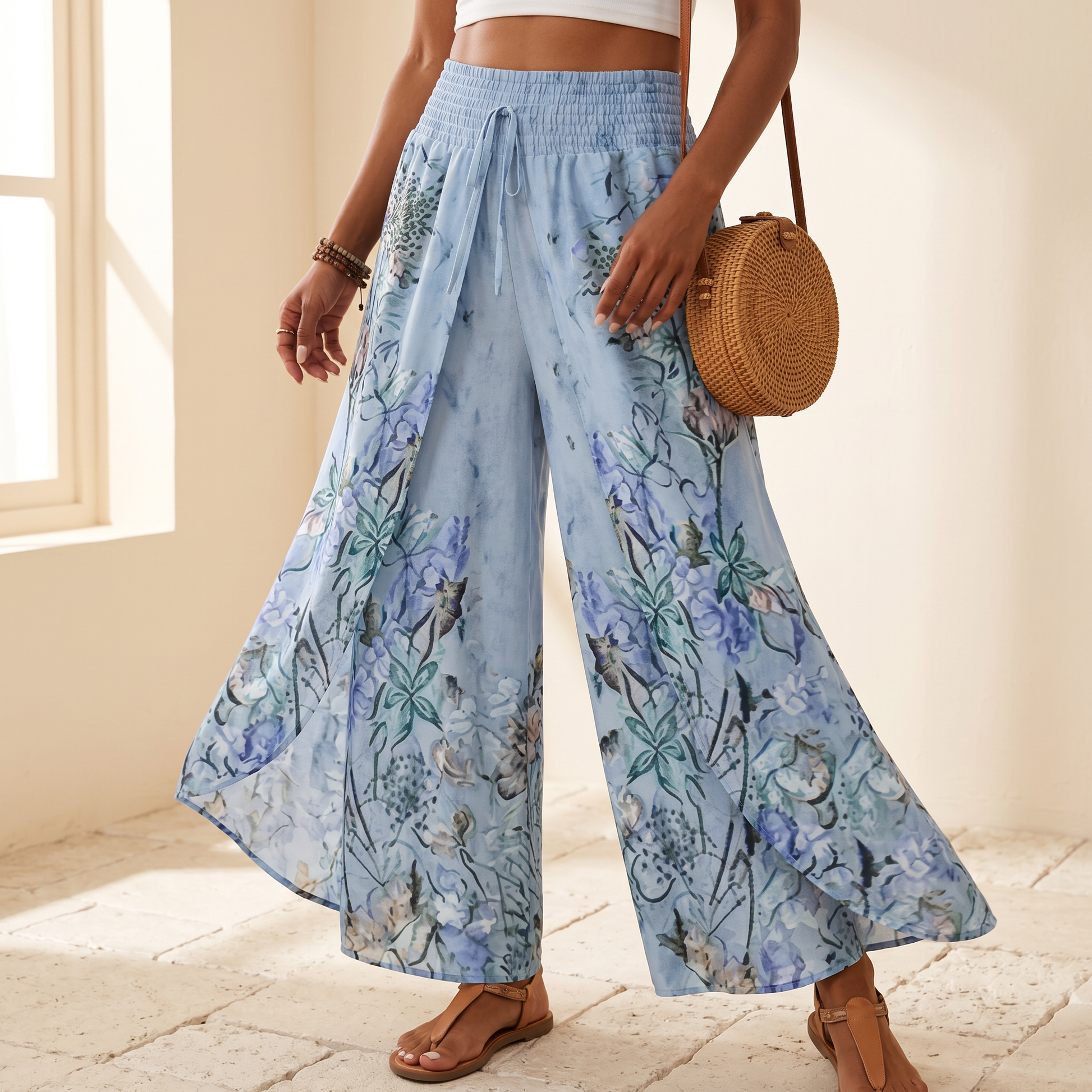 Boho Floral Wide-Leg Pants with Split Front — View 2 | Clova