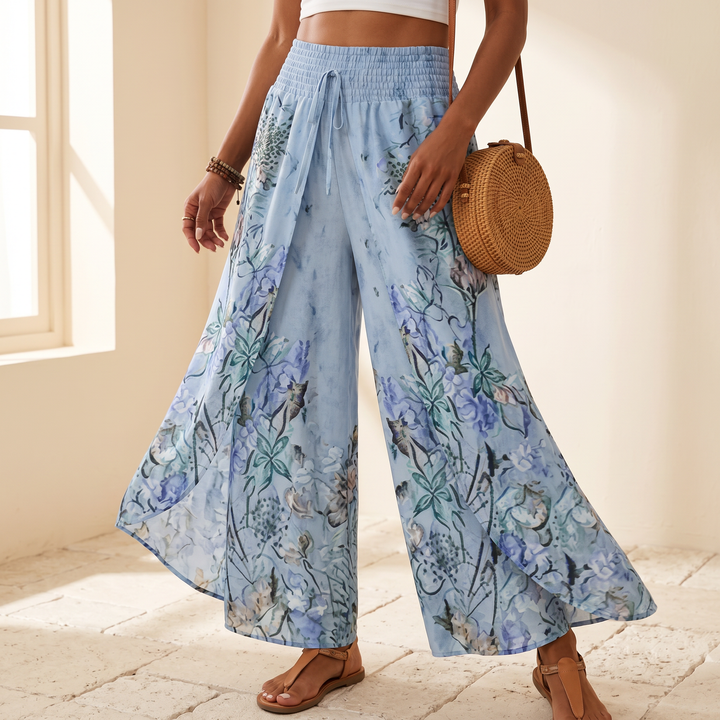 Boho Floral Wide-Leg Pants with Split Front — View 2 | Clova