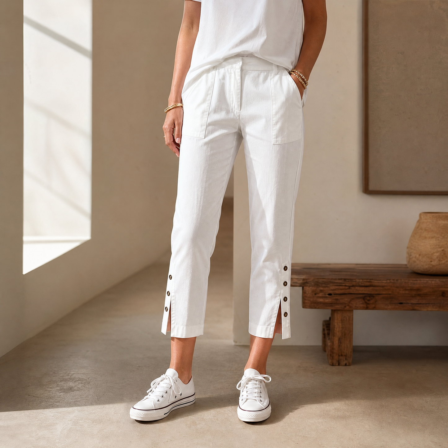 Button-Hem Cropped Cotton Pants — View 2 | Clova