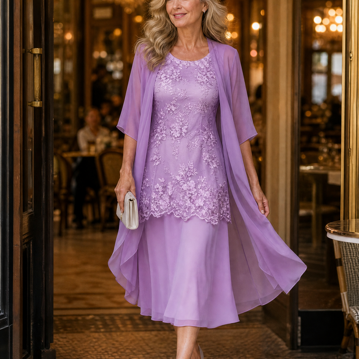 Lunavia Floral Lace Dress Set with Chiffon Shawl | Clova Women&