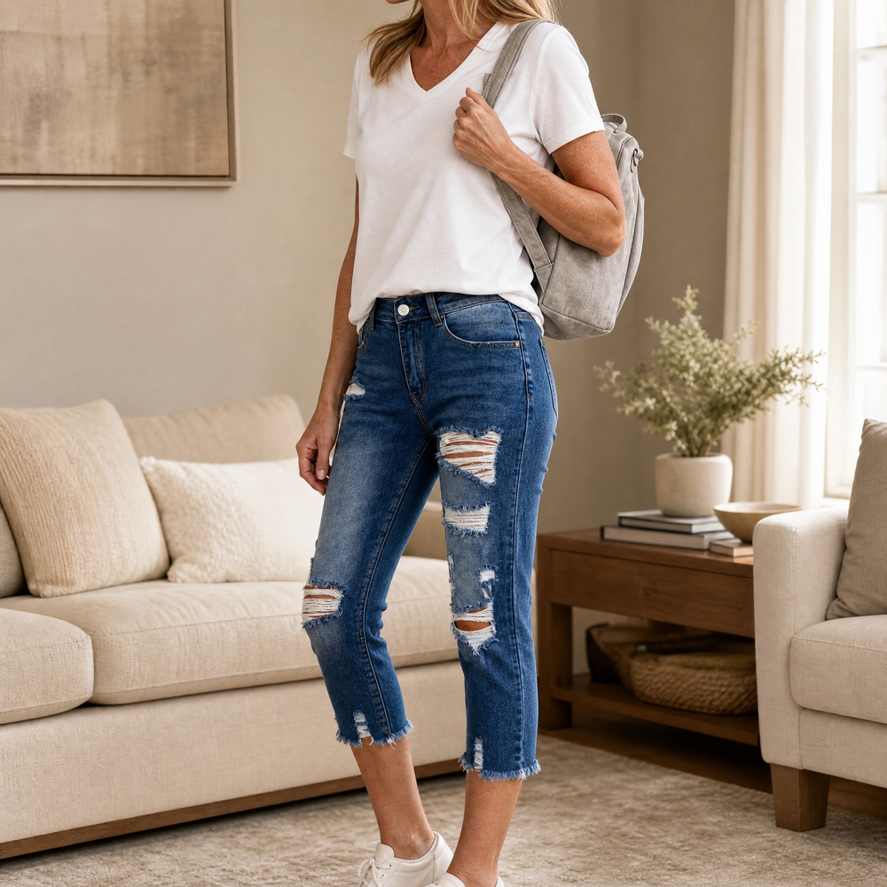 Soft Cotton Frayed-Hem Capri Jeans — View 2 | Clova