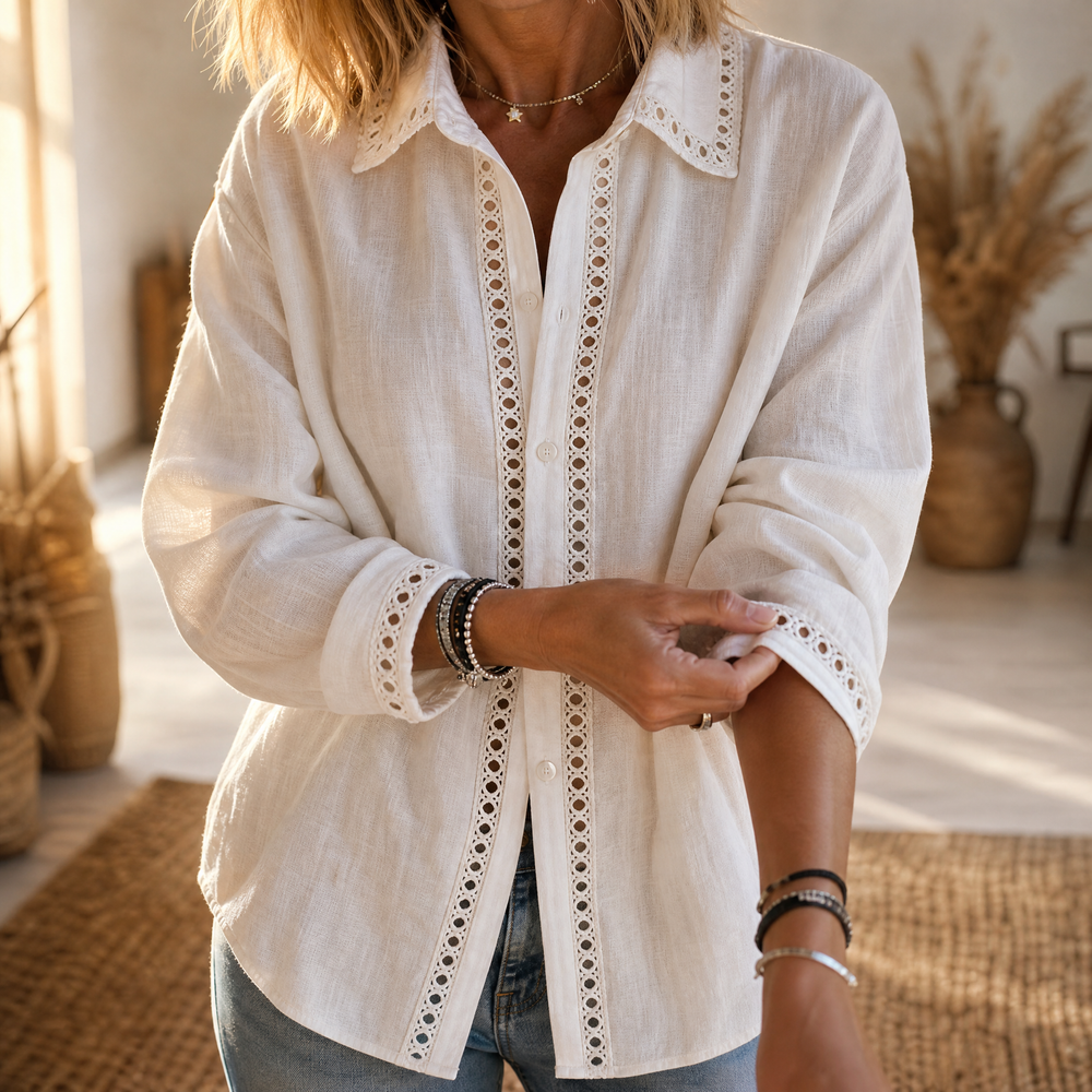 Lunavia Eyelet Trim Button Down Blouse — View 2 | Clova