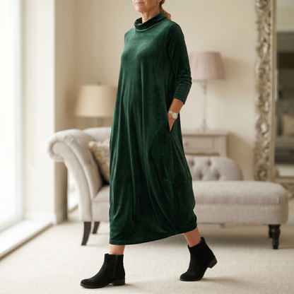 Velvet Cocoon Midi Dress with Hidden Pockets | Clova Women's Fashion