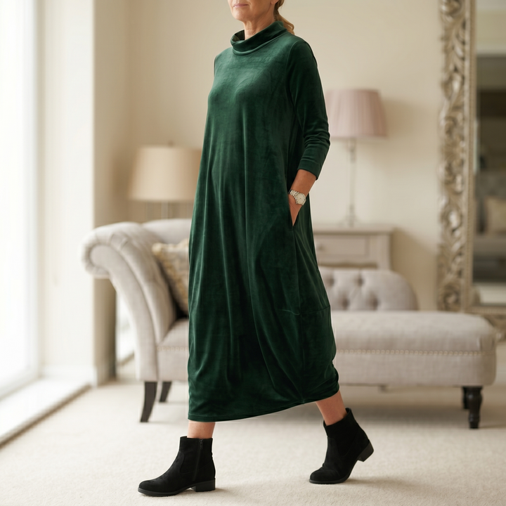 Velvet Cocoon Midi Dress with Hidden Pockets | Clova Women&