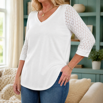Crochet Lace Sleeve V-Neck Top — View 2 | Clova