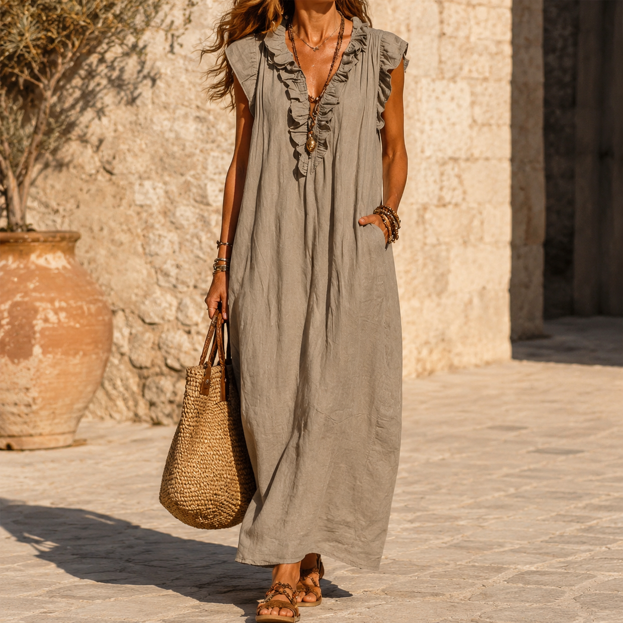 Ruffle-V Midi Dress with Pockets — View 2 | Clova