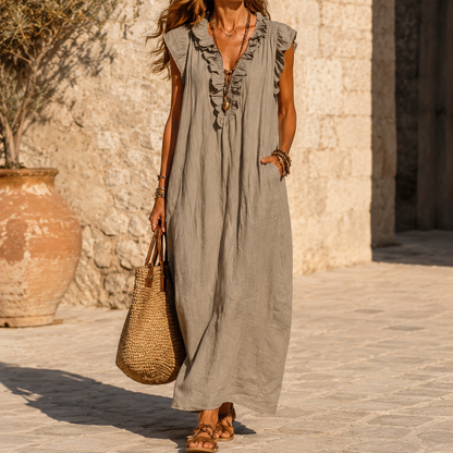 Ruffle-V Midi Dress with Pockets — View 2 | Clova