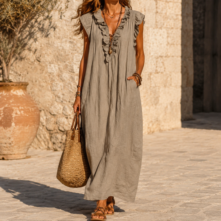 Ruffle-V Midi Dress with Pockets — View 2 | Clova