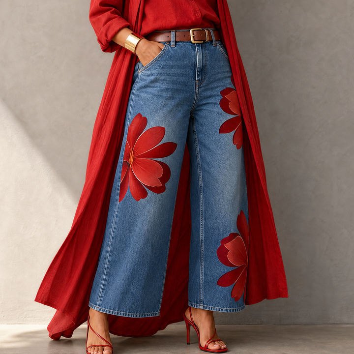 Bold Floral Wide Leg Jeans | Clova Women&