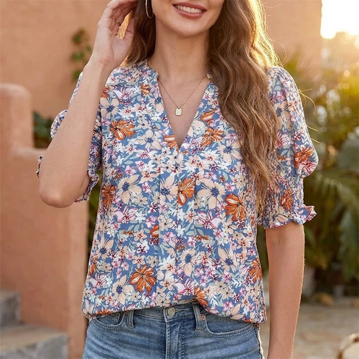Floral Puff Sleeve V-Neck Blouse — View 3 | Clova