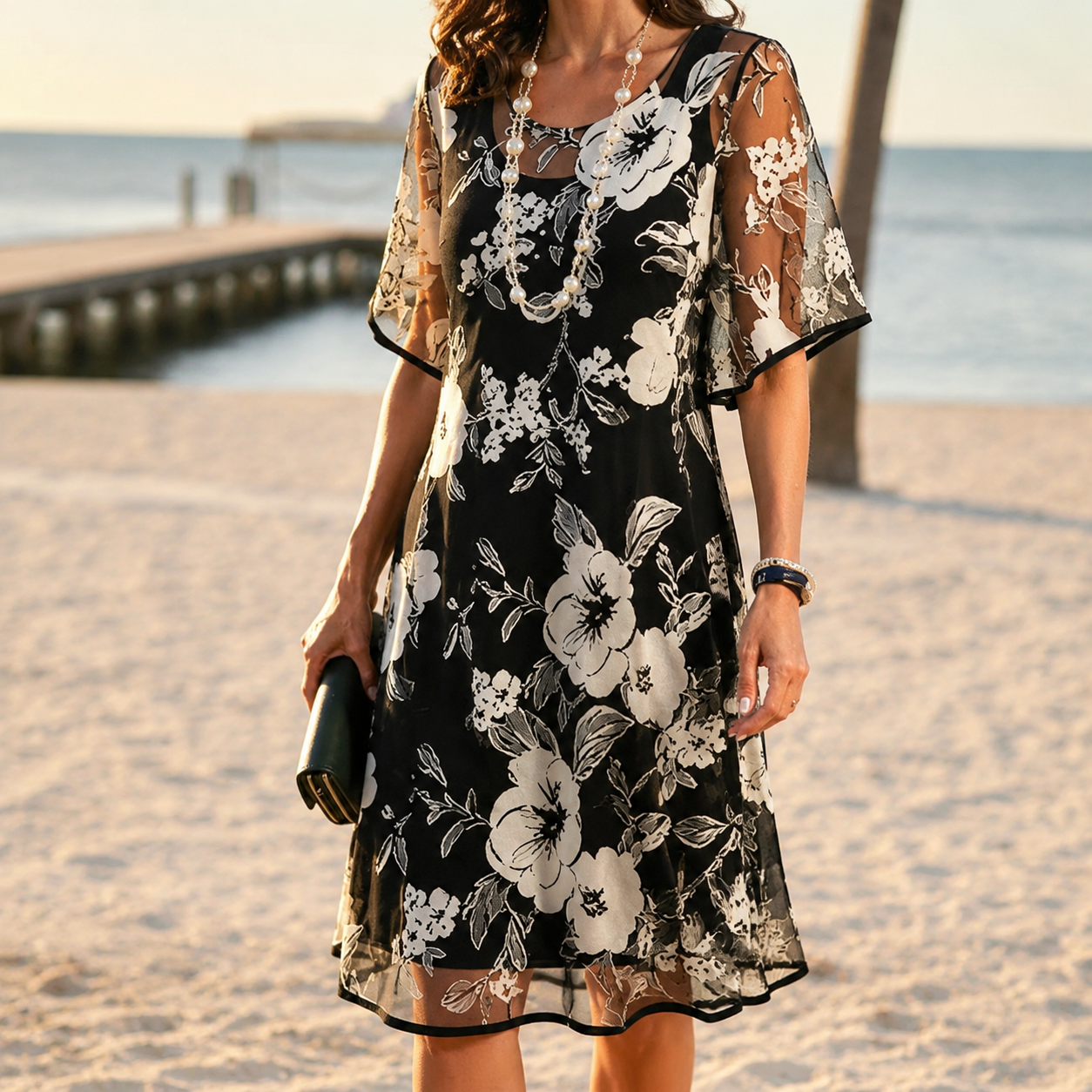 Floral Chiffon Dress with Sheer Overlay | Clova Women's Fashion