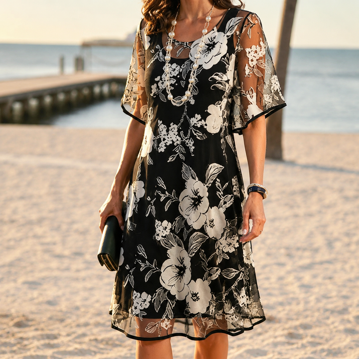 Floral Chiffon Dress with Sheer Overlay | Clova Women&