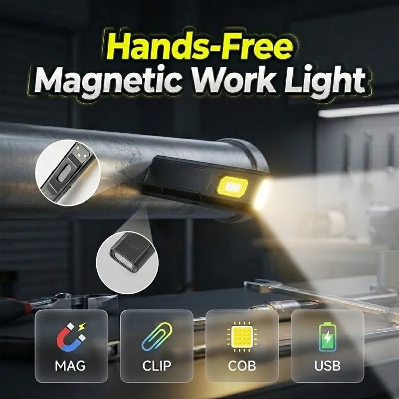 Magnetic Hands-Free Work Light - Dual Mode LED & COB, Ultra-Light Clip